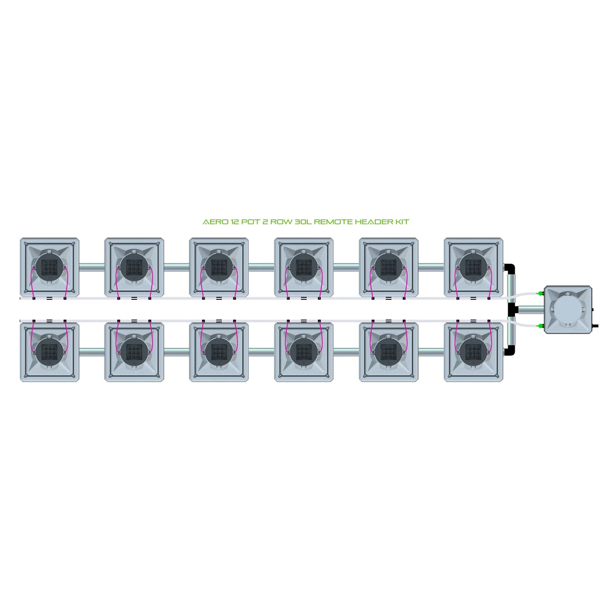 Overhead view of an Alien Hydroponics AERO 12 pot, 2-row hydroponic system with connected pots and remote header.