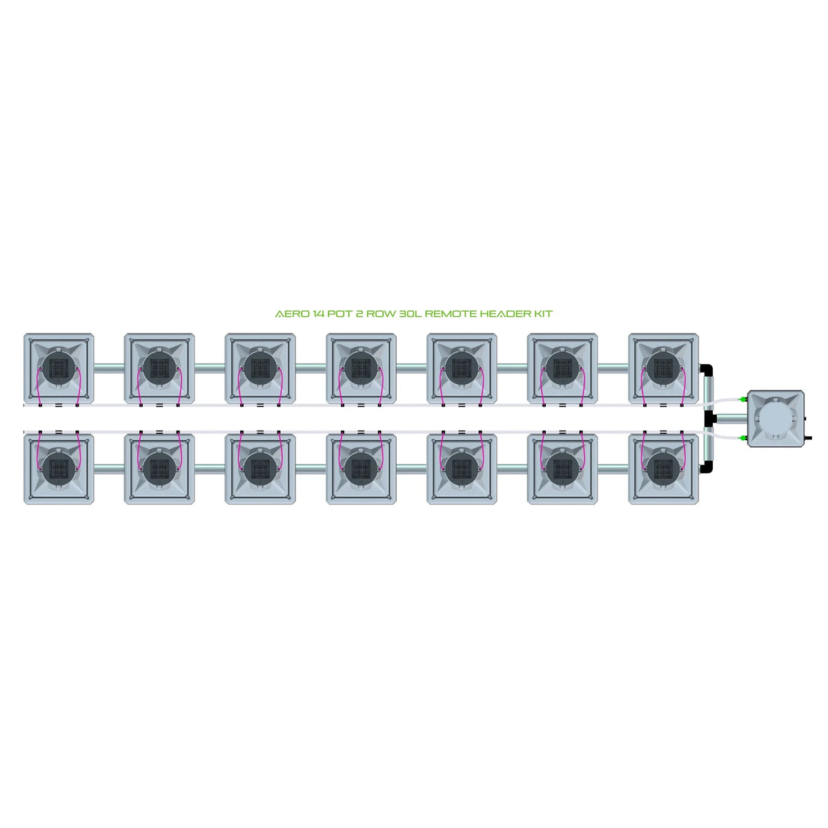 Top-down view of an Aero 14-pot, 2-row, 30L remote header hydroponic system kit with connected square pots.