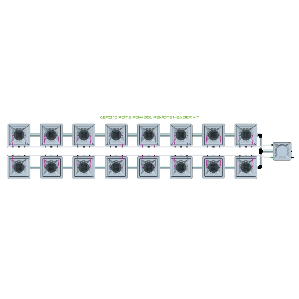 Overhead view of AERO 16 Pot, 2 Row, 30L Remote Header Kit, a hydroponic system with connected square pots.
