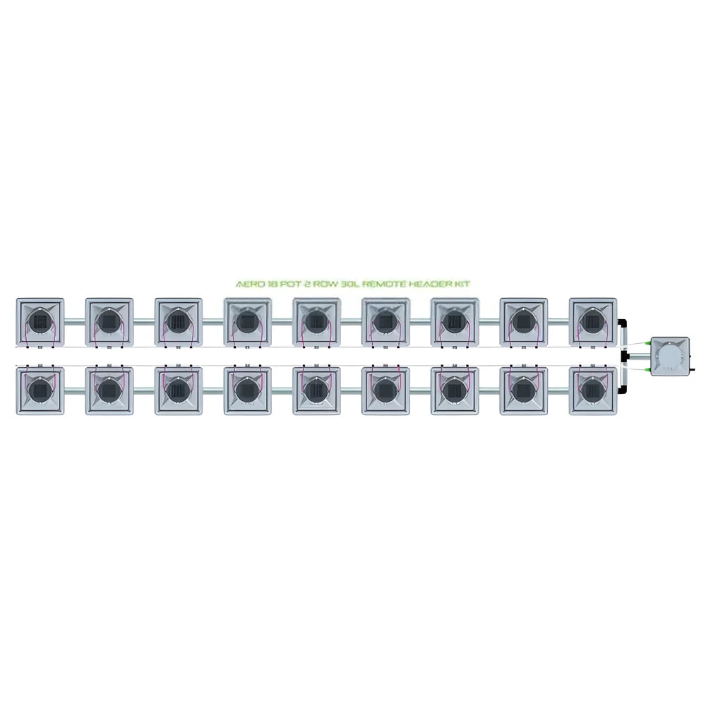 Alien Hydroponics Aero 18-pot, 2-row system with grey square pots, connecting pipes & remote header unit.