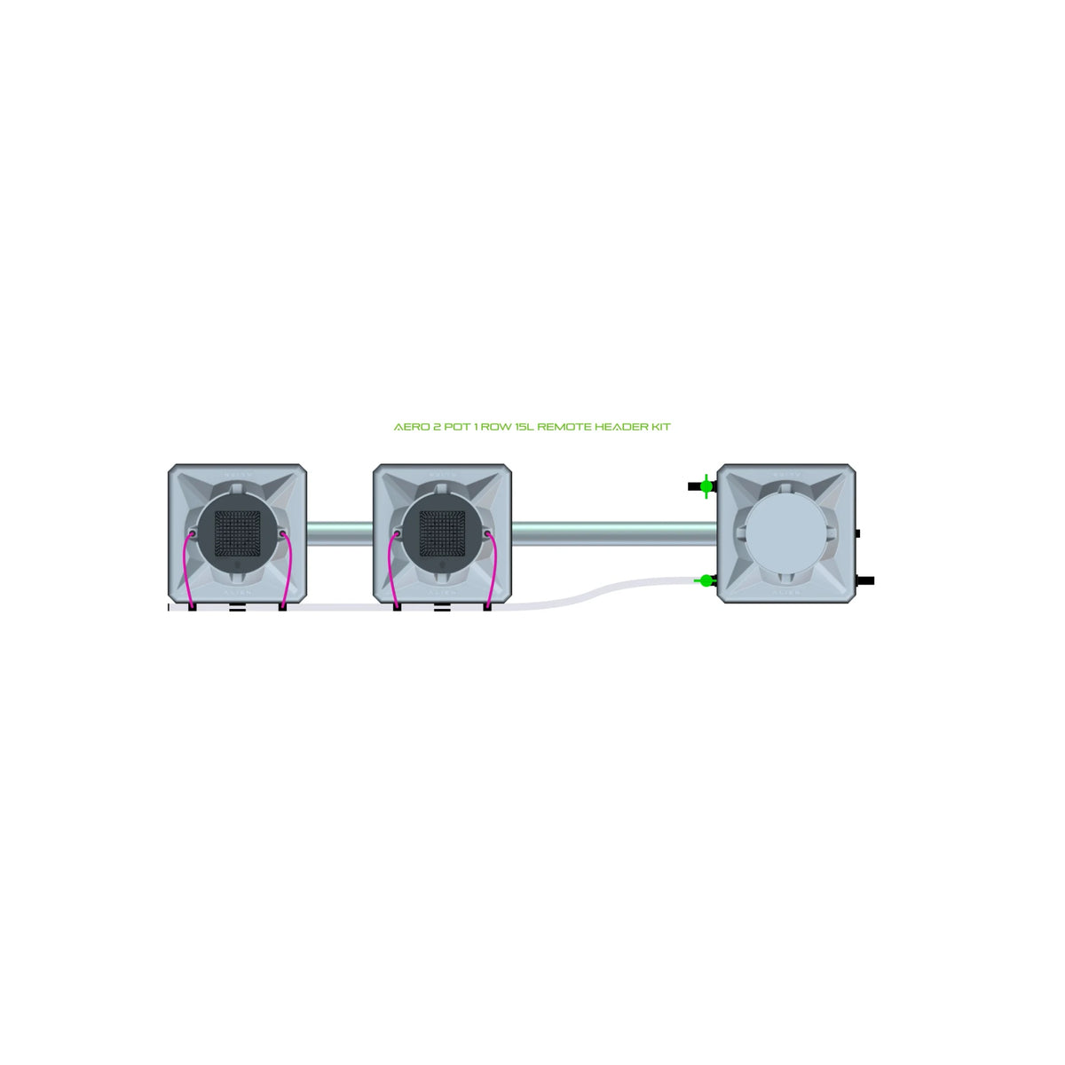 Two gray square pots connected by a pipe to a remote header in an Alien Hydroponics AERO 2 Pot 1 Row Kit.