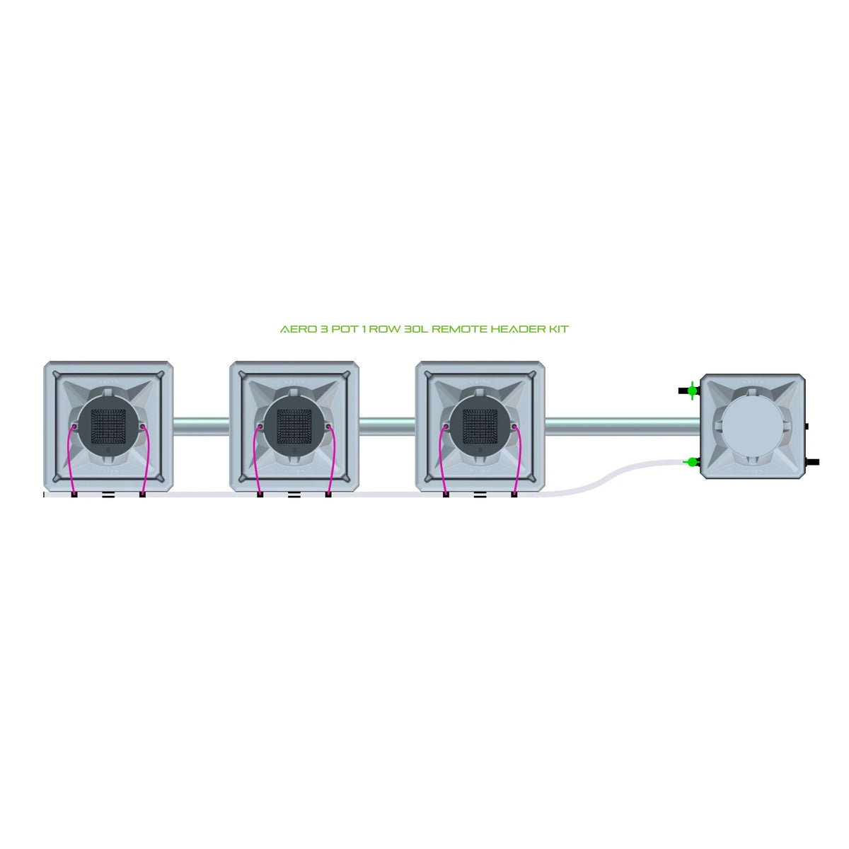 Alien Hydroponics Aero system: 3 grey square pots in a row, connected by pipes to a remote header kit.