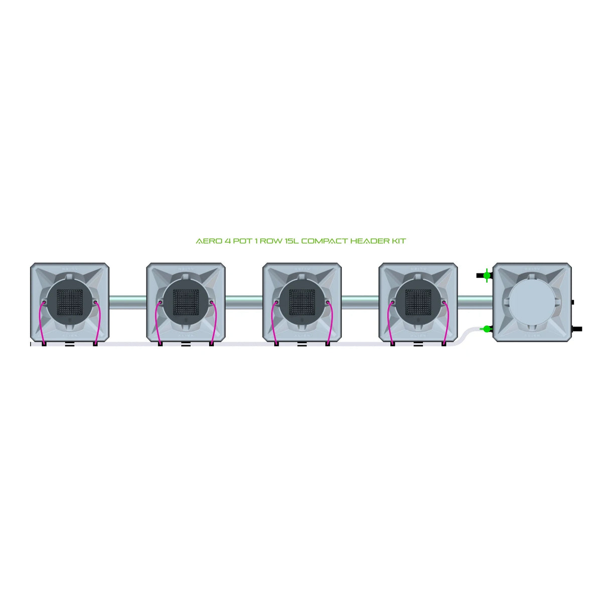 AERO 4 POT 1 ROW 15L COMPACT HEADER KIT hydroponic system with four grey pots, header unit, and connecting pipes.