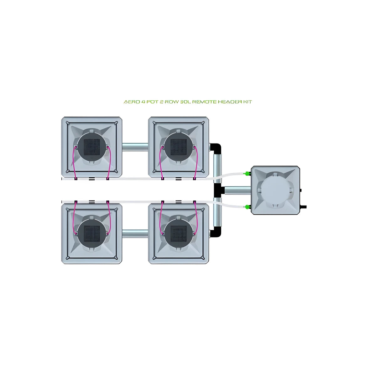 Top-down view of Alien Hydroponics Aero 4 Pot 2 Row 30L Remote Header Kit with four square pots and reservoir.
