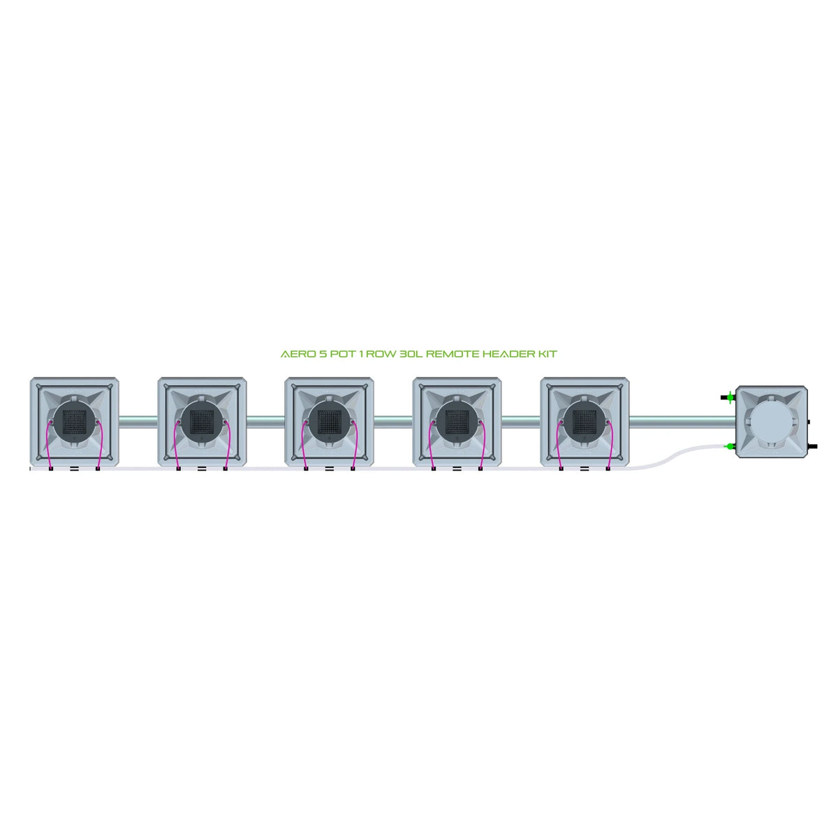 AERO 5 POT 1 ROW 30L REMOTE HEADER KIT: A hydroponic system with 5 square grey pots connected in a row to a header unit.