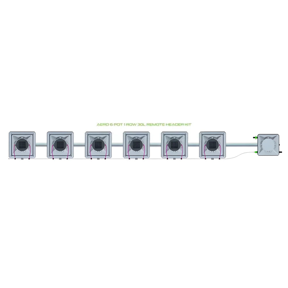 Top-down view of an AERO 6 Pot 1 Row 30L Remote Header Kit hydroponics system with six square reservoirs in a line.