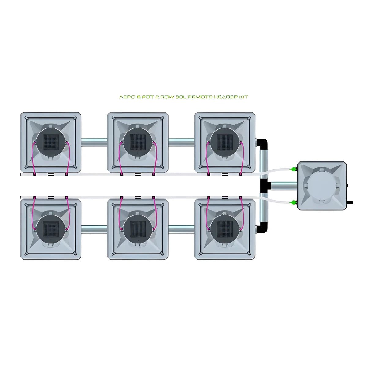 Aero 6 Pot 2 Row 30L Remote Header Kit: a hydroponic system with 6 grey square pots, connecting pipes & reservoir.
