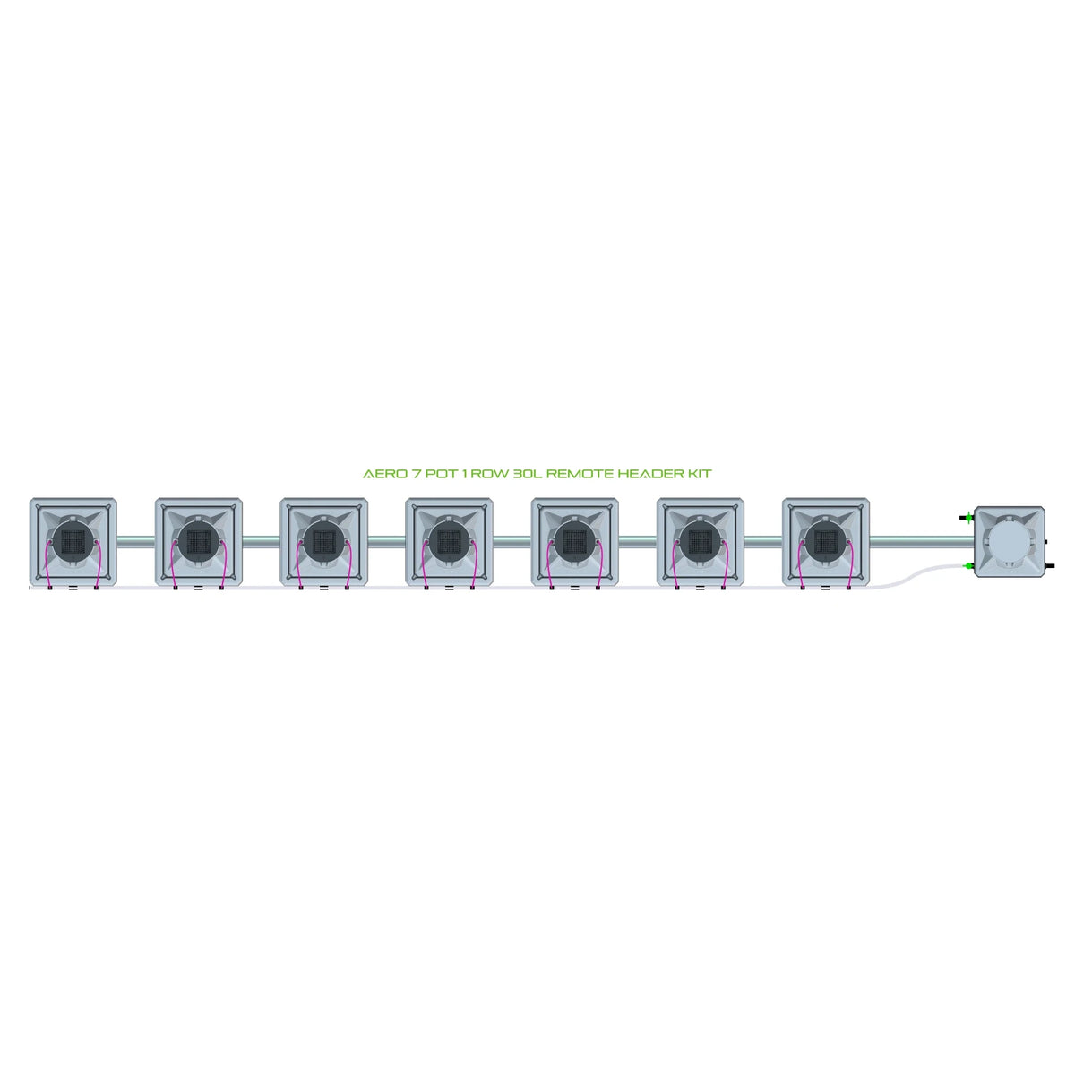 AERO 7 Pot 1 Row 30L Remote Header Kit: seven square pots in a row, connected by pipes, for hydroponics growing.