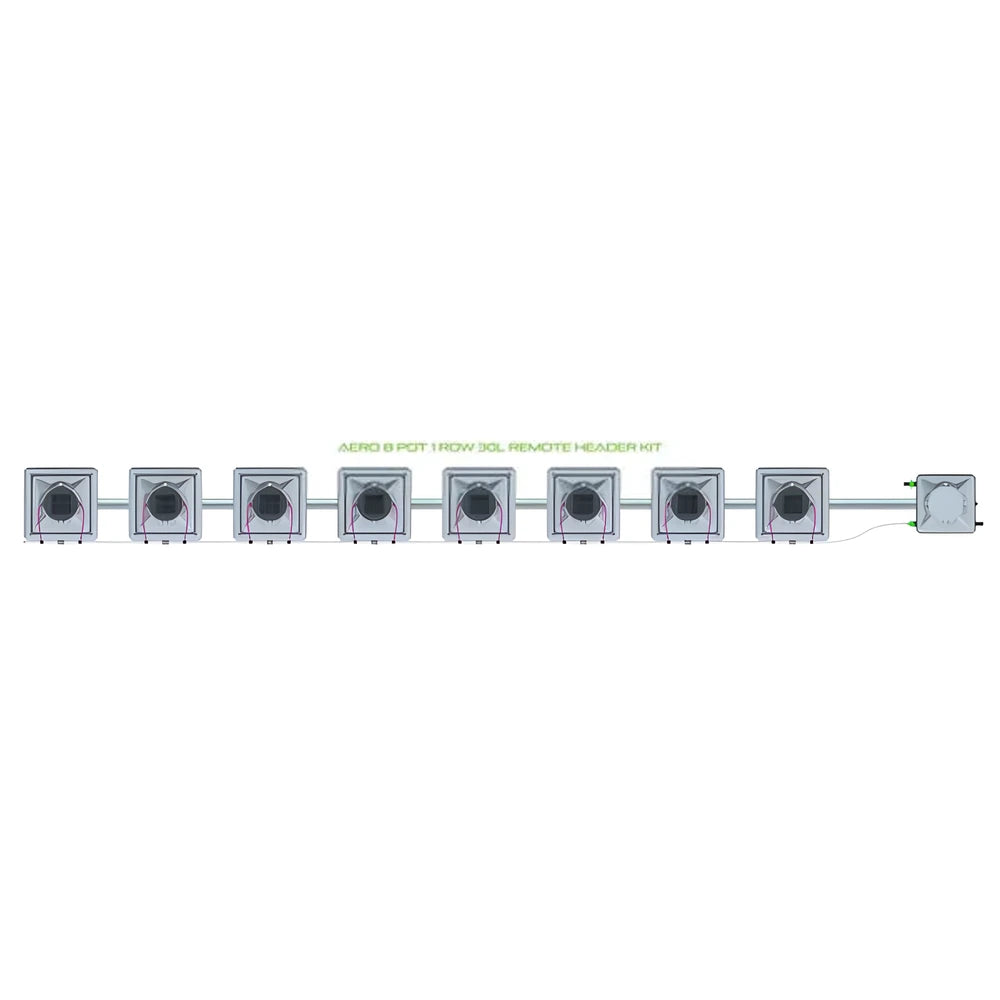 Alien Hydroponics AERO 8 Pot 1 Row 30L Remote Header Kit: top-down of 8-pot hydroponic grow system in a line.