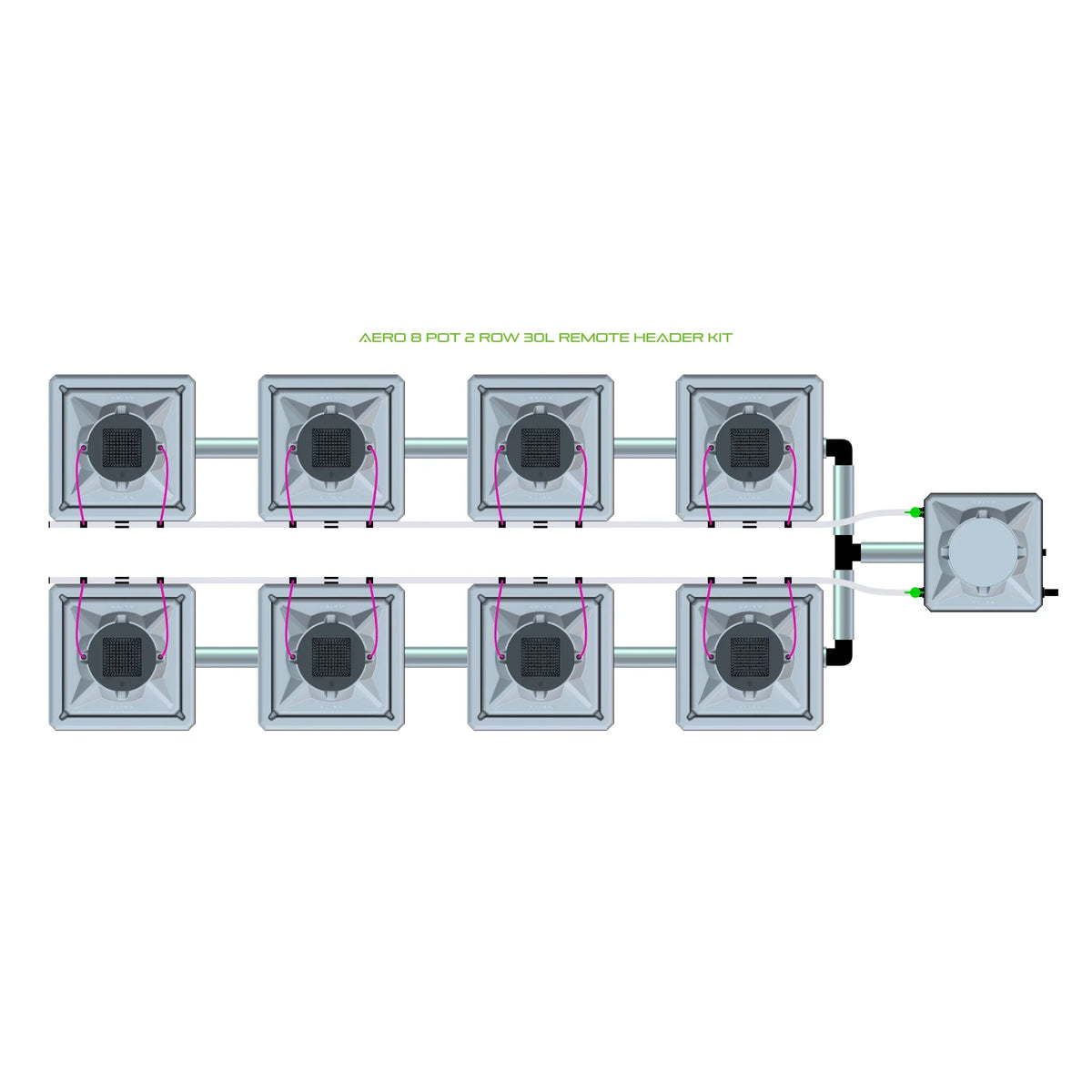 Top-down, 8-pot, 2-row Aero hydroponic system. Grey square pots with tubing, connected to a remote header unit.