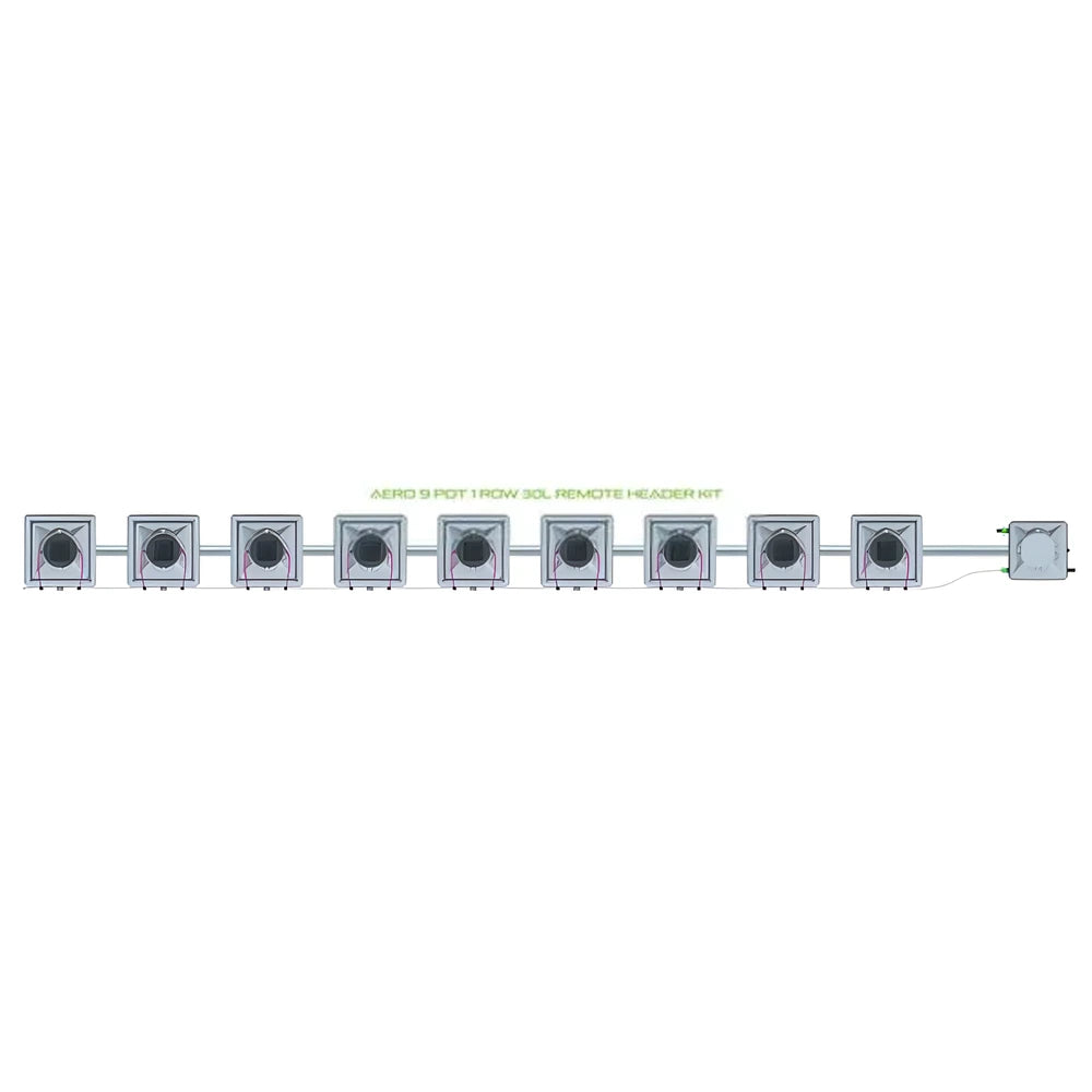 Alien Hydroponics AERO 9 POT 1 ROW 30L Remote Header Kit with 9 grey square pots and connecting pipes.