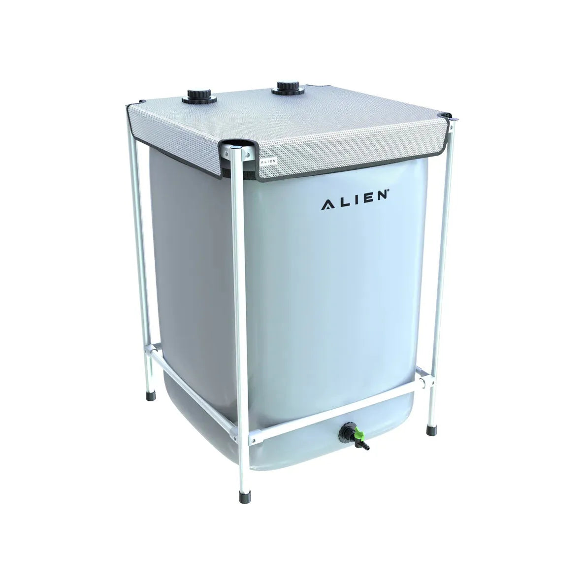 Grey ALIEN hydroponic reservoir with a metal frame, perforated lid, and bottom spigot on a white background.