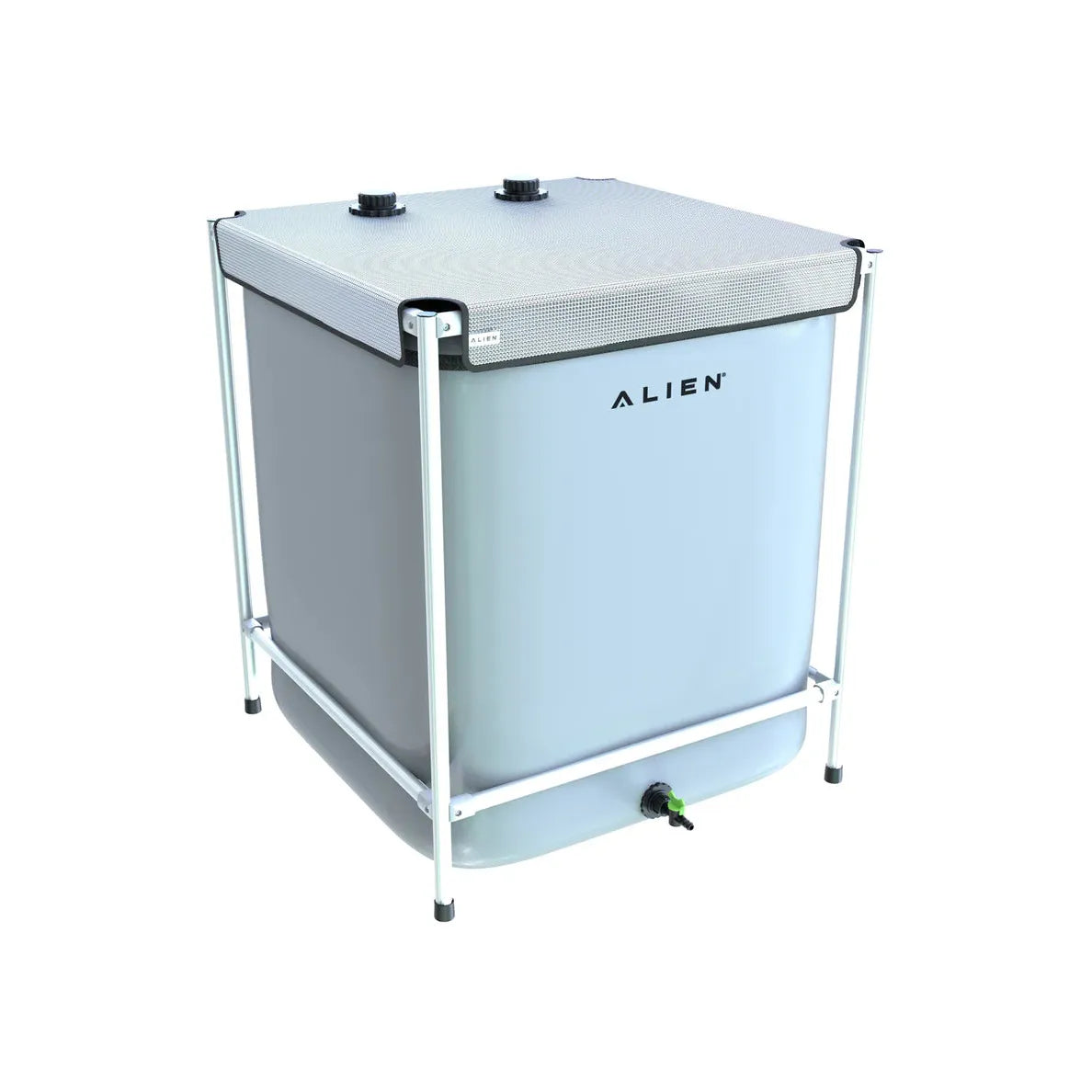 Alien Hydroponics GardenTank 205-gallon. Light grey reservoir, white metal frame, perforated lid, bottom spigot.