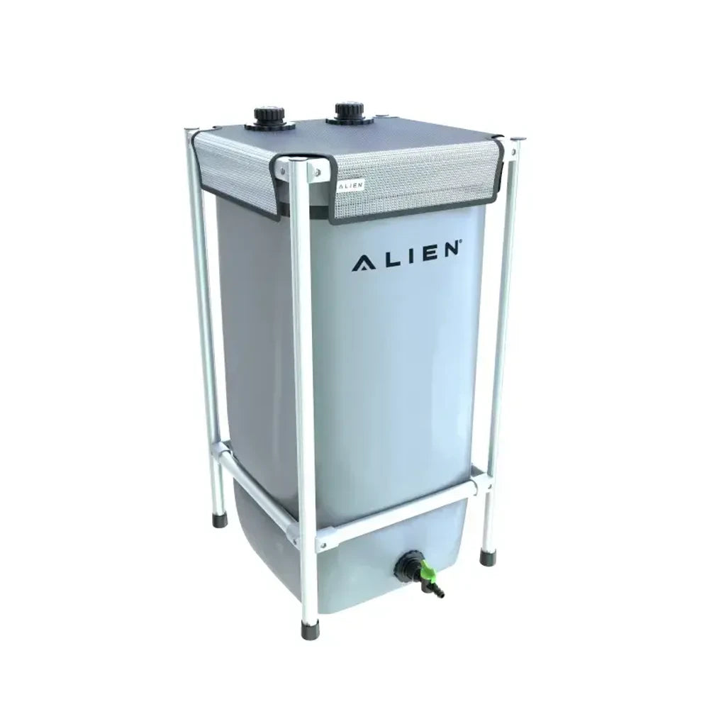 Alien Hydroponics Gardentank: grey tank on white frame, mesh cover, two caps, and bottom spigot.