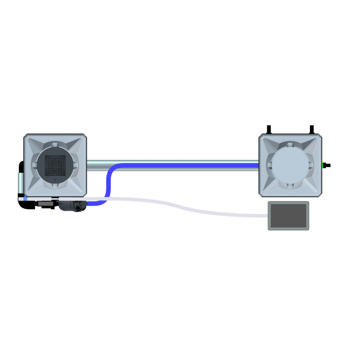 Alien Hydroponics RDWC setup: Two grey square units, interconnected by a silver pipe, blue and white tubing, and a control screen.