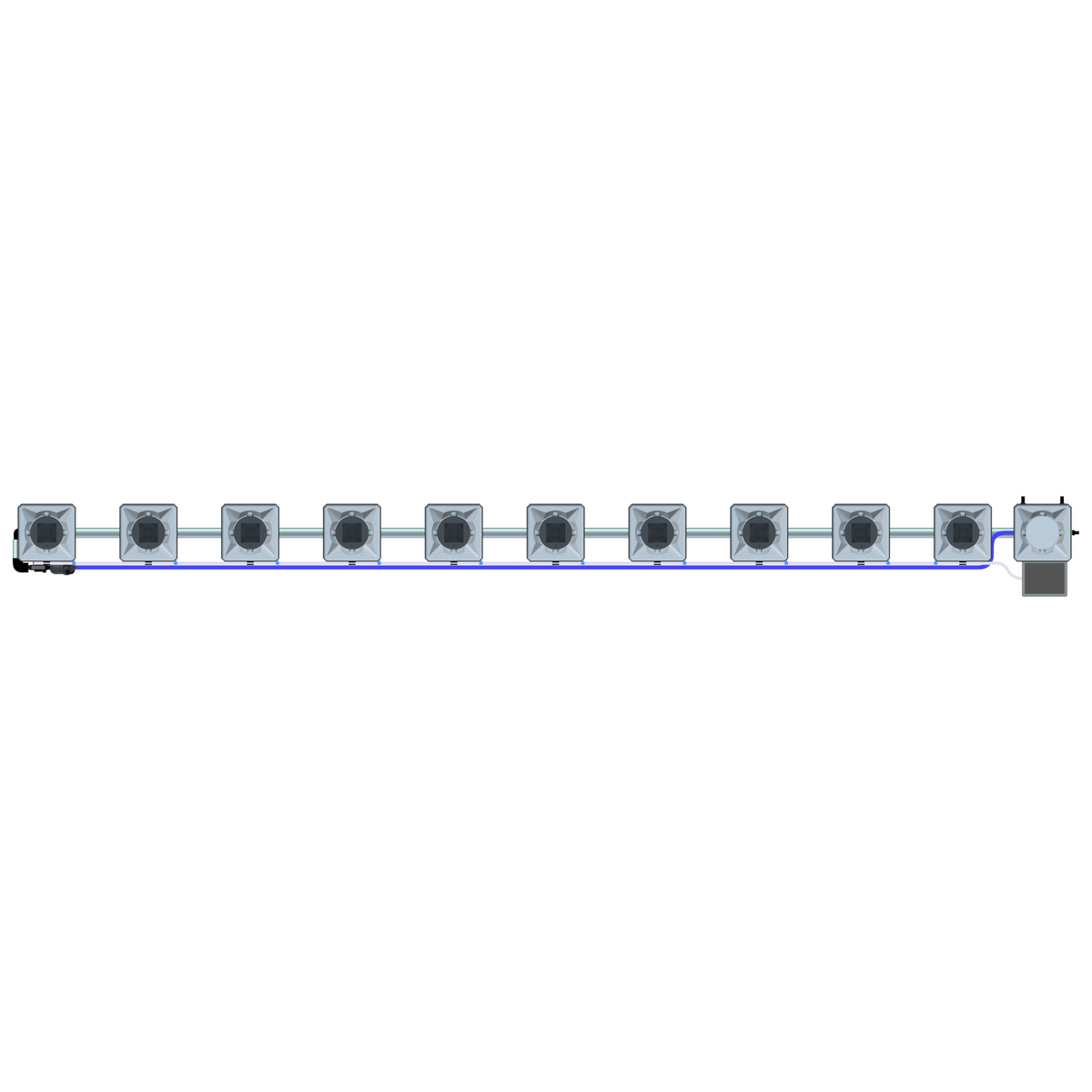 Top-down view of a 10-pot grey RDWC hydroponics system with blue and silver pipes, reservoir, and pump.