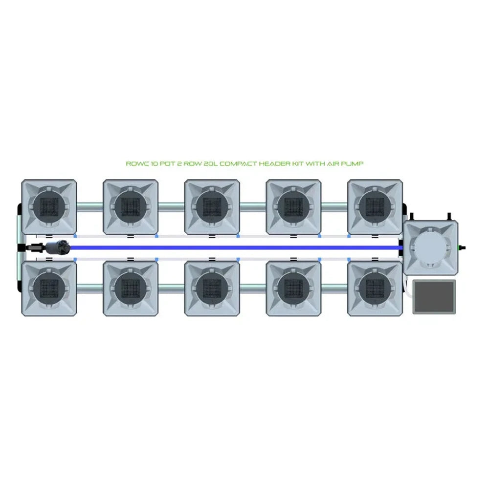 Overhead view of a 10-pot, 2-row RDWC hydroponic system with square planters, reservoir, pump, and control panel.