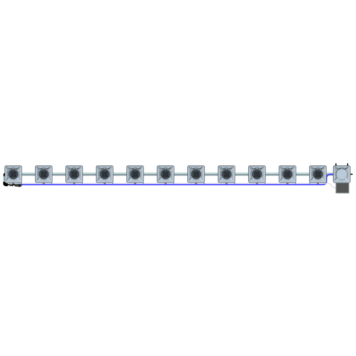 Alien Hydroponics 11-pot RDWC system, single row top-down view. Gray square pots, connecting pipes, blue water line.