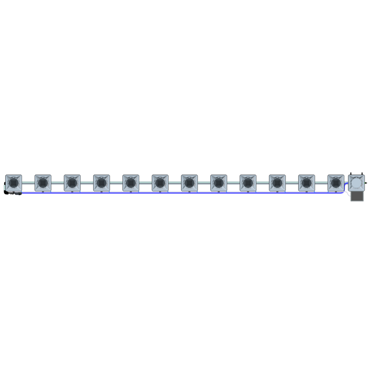 Alien Hydroponics RDWC 12-pot system, top view. Grey square pots in one row, connected by silver pipes & blue tubes.