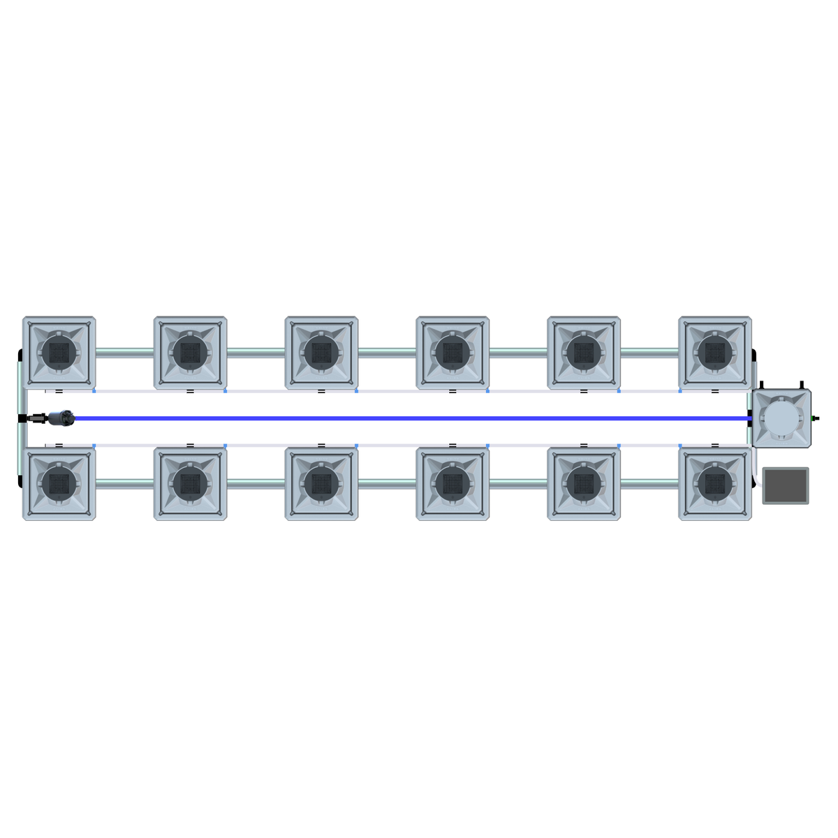 Top-down view of a 12-pot, 2-row RDWC hydroponics system featuring blue water lines, return pipes, pump, and control unit.