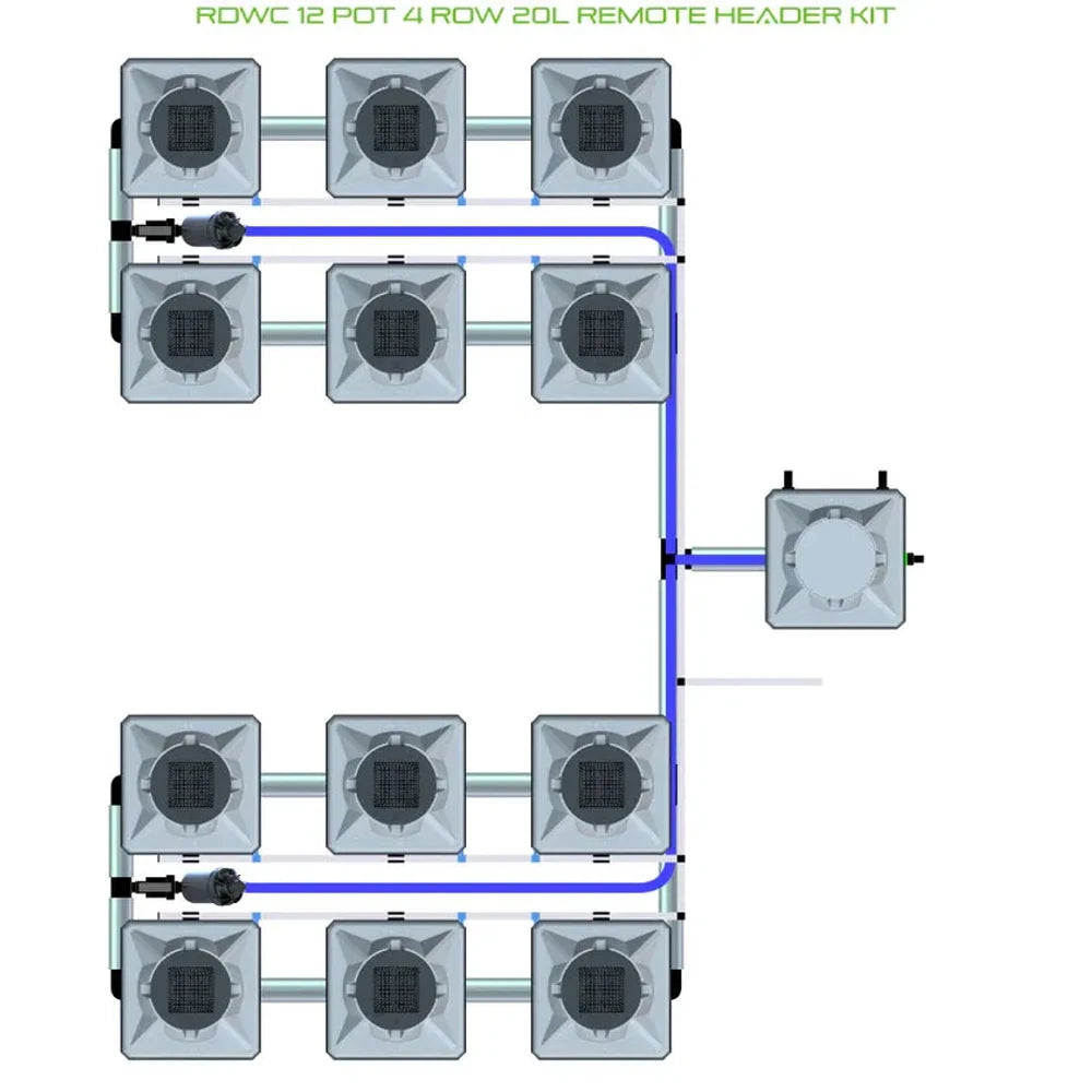 RDWC 12 pot 4 row 20L hydroponics system diagram with remote header tank and interconnected square pots.