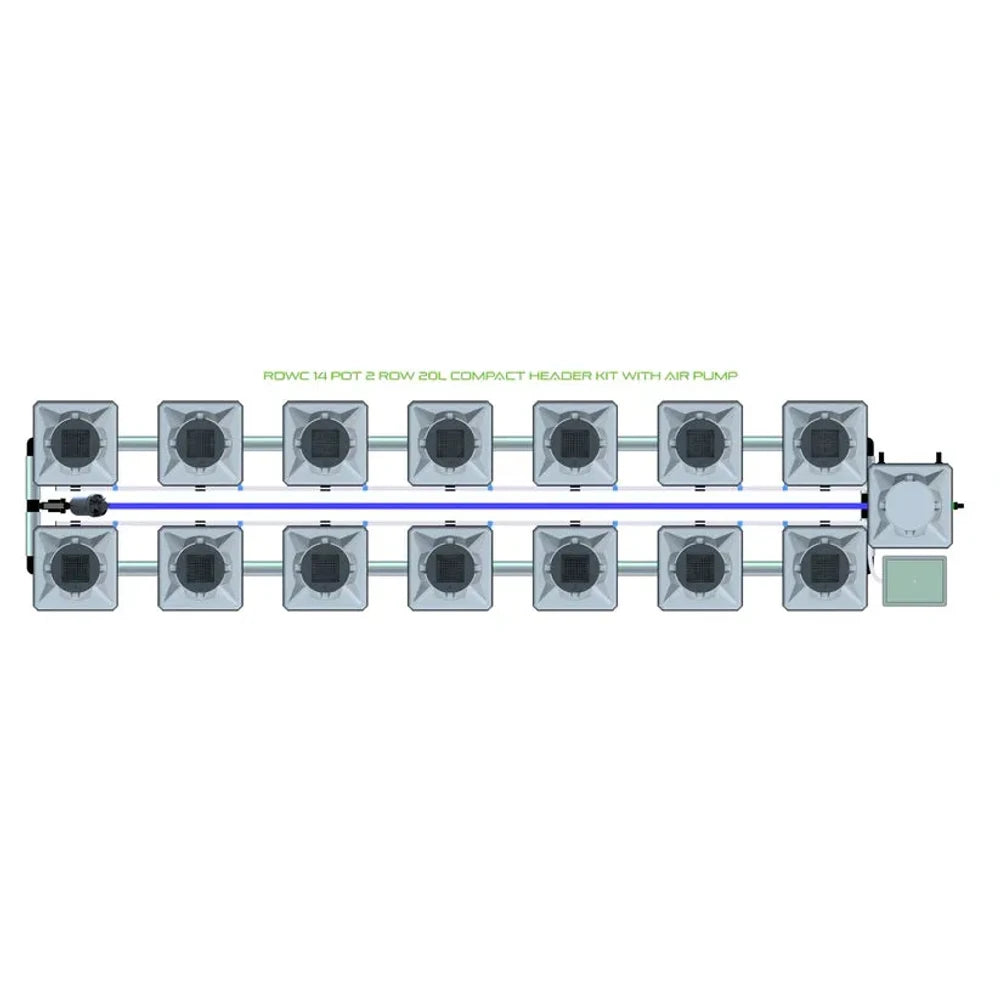 Alien Hydroponics RDWC 14-pot, 2-row, 20L compact header kit with air pump. Overhead view: grey pots, pipes, reservoir.
