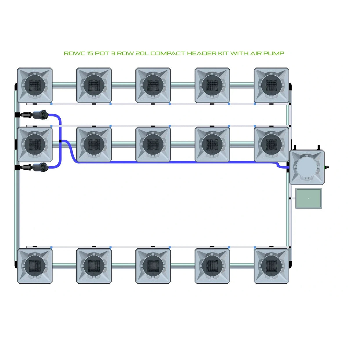 RDWC 15-pot, 3-row, 20L compact header kit with air pump, showing grey square pots and white/blue tubing.