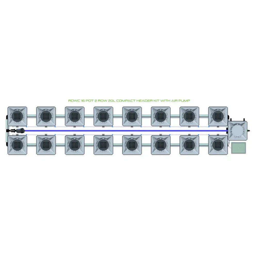 Top-down view of Alien Hydroponics RDWC 16-pot, 2-row, 20L system with compact header kit and blue pipes.