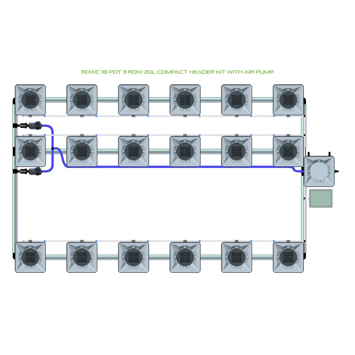 Diagram of an 18-pot, 3-row RDWC hydroponic system featuring a main reservoir and interconnected pots via tubing.