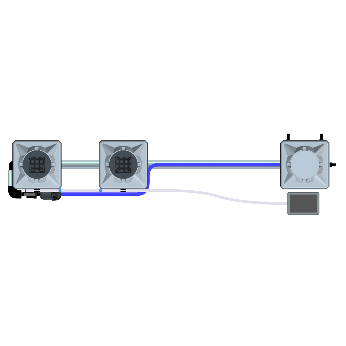Top-down view of an Alien Hydroponics RDWC system: two grow pots connected by blue pipes to a reservoir and control unit.