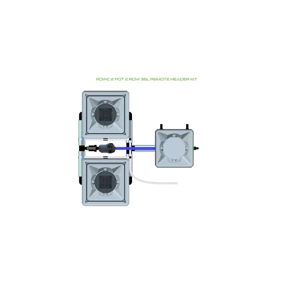 ROWC 2 Pot 2 Row 36L Remote Header Kit. Top view of a 2-pot hydroponic system with separate header tank.