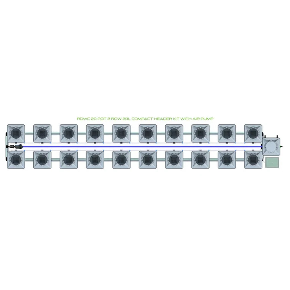 Overhead view of Alien Hydroponics RDWC 20-pot, 2-row system. Grey square pots, blue pipes, and control unit.