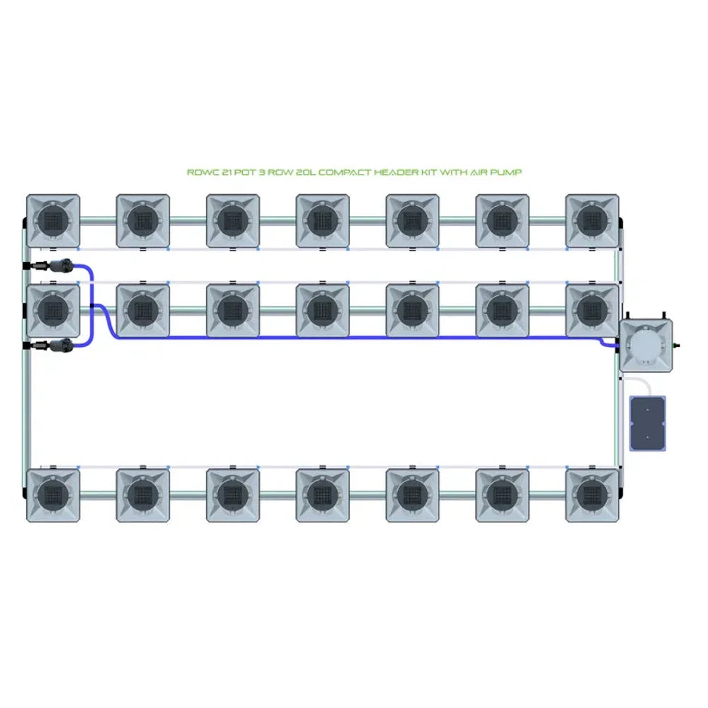 RDWC 21 pot 3 row 20L hydroponic system diagram with grey pots, tubing, reservoir, and air pump.