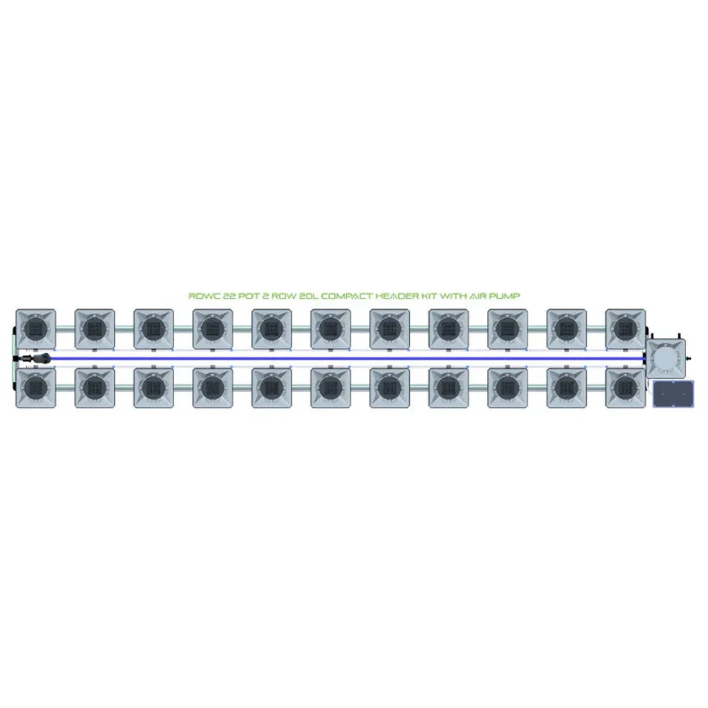 Alien Hydroponics RDWC 22 pot, 2-row, 20L compact header kit with air pump system, top-down view.
