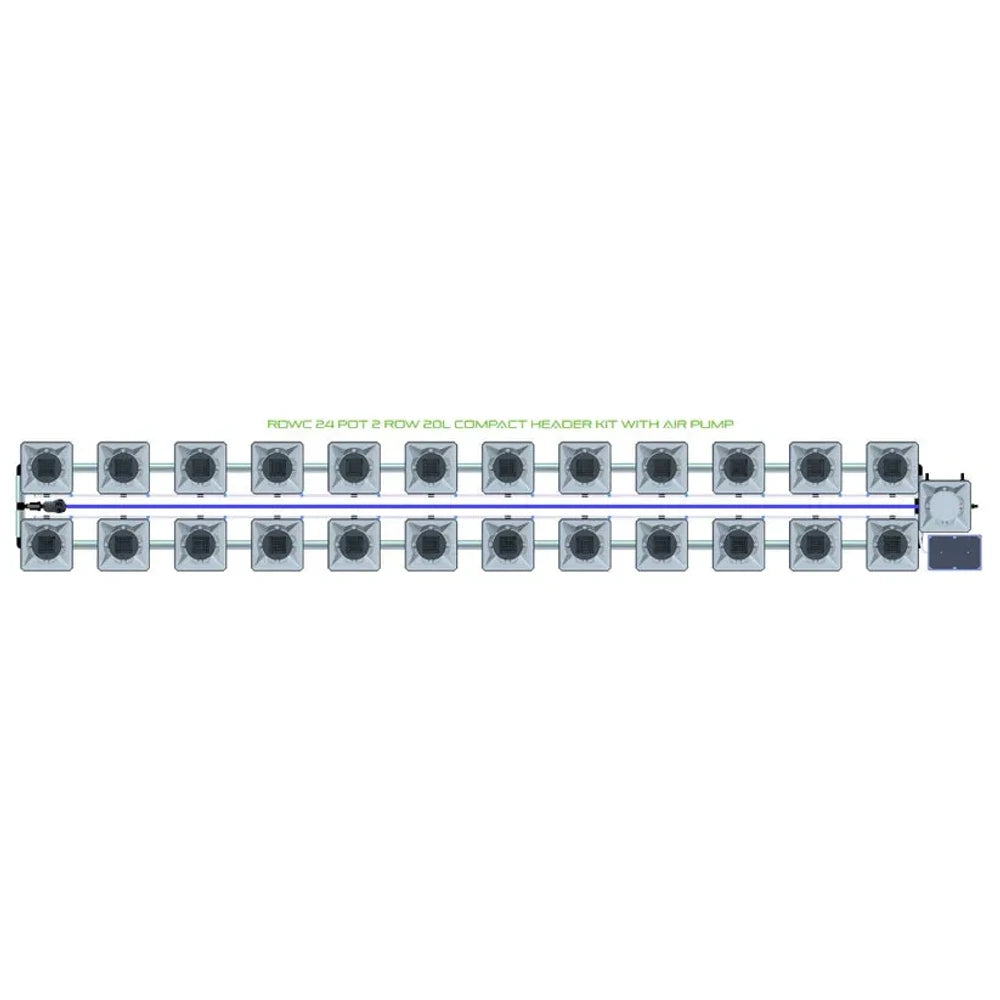 Alien Hydroponics RDWC 24-pot, 2-row, 20L system layout with compact header kit and air pump.