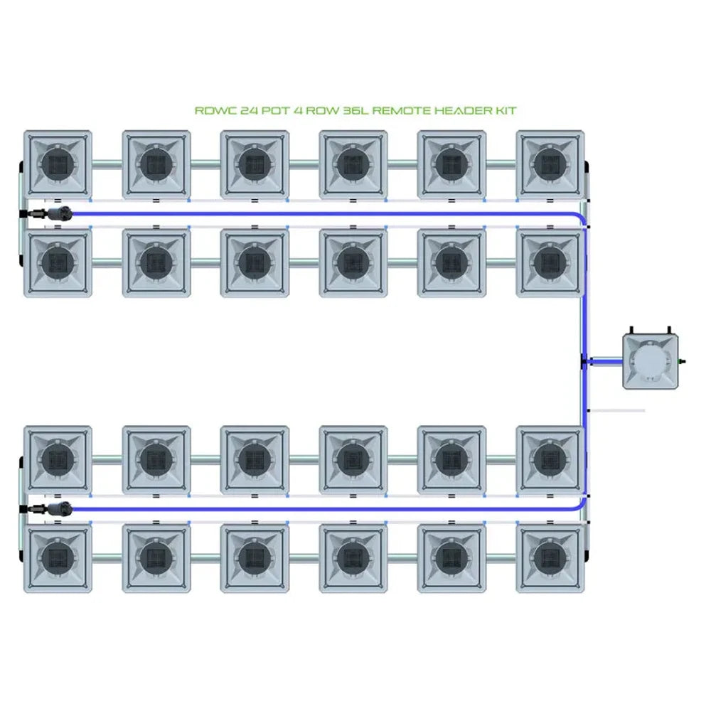 RDWC 24-pot, 4-row, 36L hydroponics system diagram. Silver pots, connecting pipes, blue water lines, and remote header kit.
