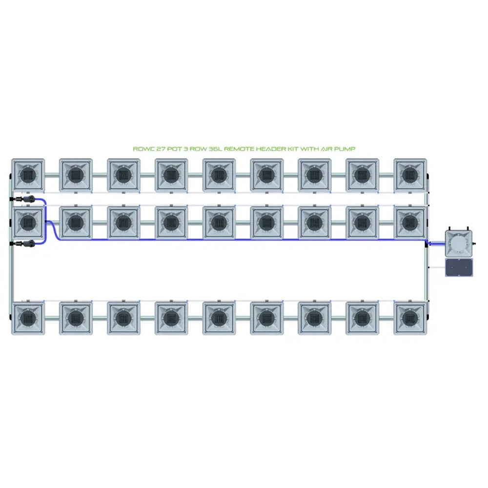 RDWC 27 Pot 3 Row 36L Remote Header Kit with Air Pump hydroponics system schematic.