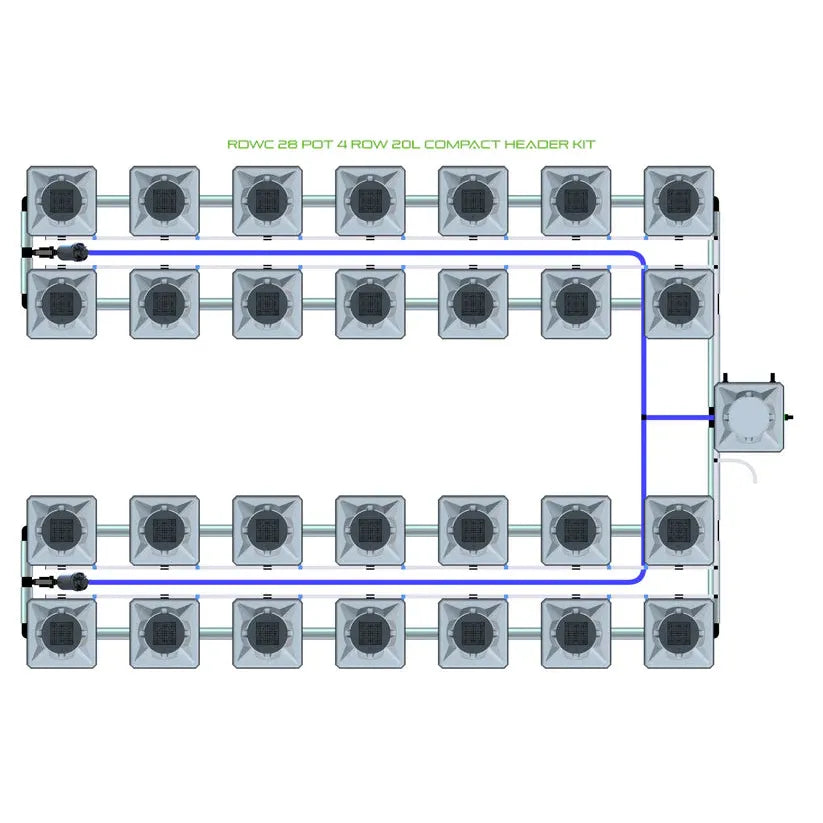 RDWC 28 pot 4 row 20L compact header kit diagram with gray square pots, blue/white pipes, and reservoir.