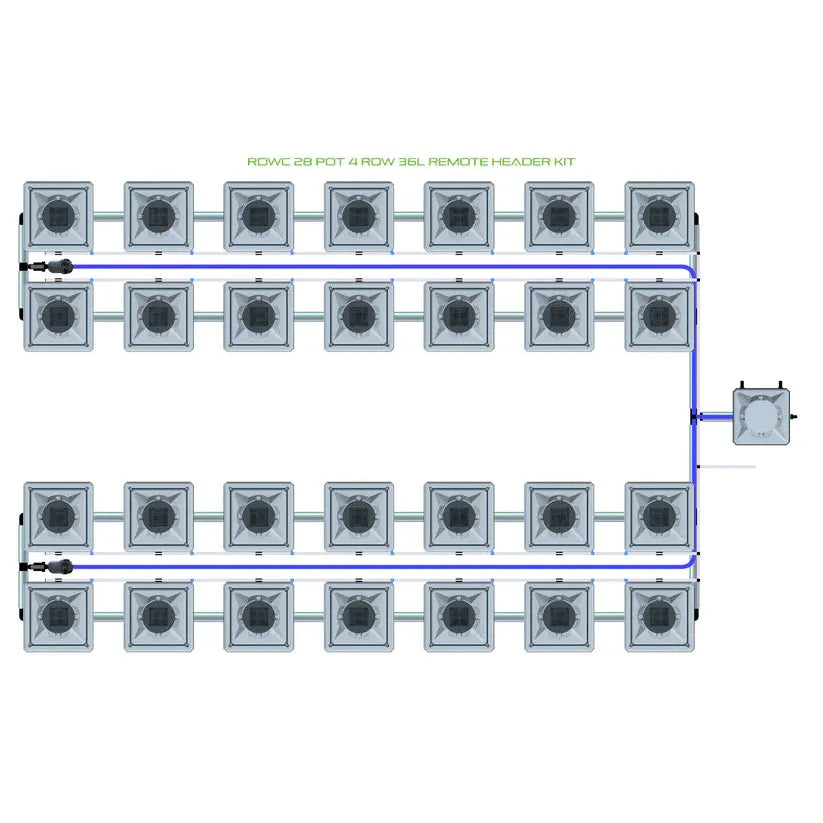 RDWC 28 Pot 4 Row 36L Remote Header Kit diagram with 28 square pots, connecting tubes, and remote reservoir.