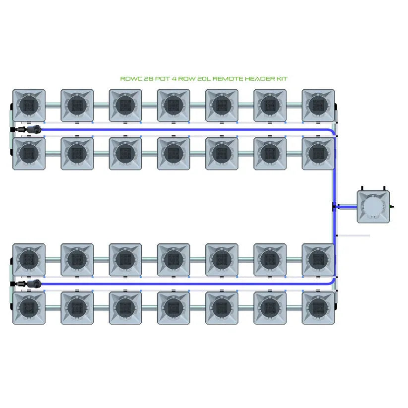 Top-down view of Alien Hydroponics RDWC 28-pot 4-row system with grey square pots and blue tubing to a remote tank.