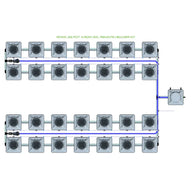 Top-down view of Alien Hydroponics RDWC 28-pot 4-row system with grey square pots and blue tubing to a remote tank.