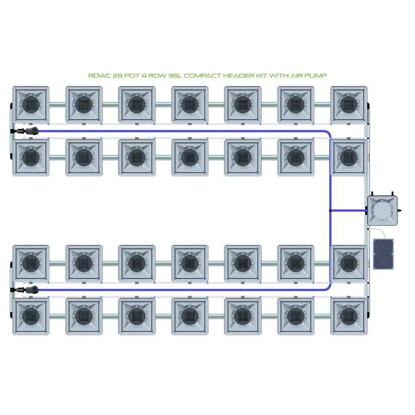 RDWC 28-pot 4-row 36L compact header kit with air pump system diagram for hydroponics, overhead view.
