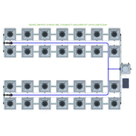 RDWC 28-pot 4-row 36L compact header kit with air pump system diagram for hydroponics, overhead view.