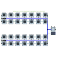 Alien Hydroponics RDWC 28-pot, 4-row 20L system diagram with remote header, connected pots, and air pump.