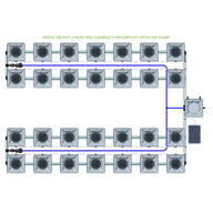 Top-down diagram of an RDWC 28-pot, 4-row, 20L compact header hydroponic system with air pump and reservoir.
