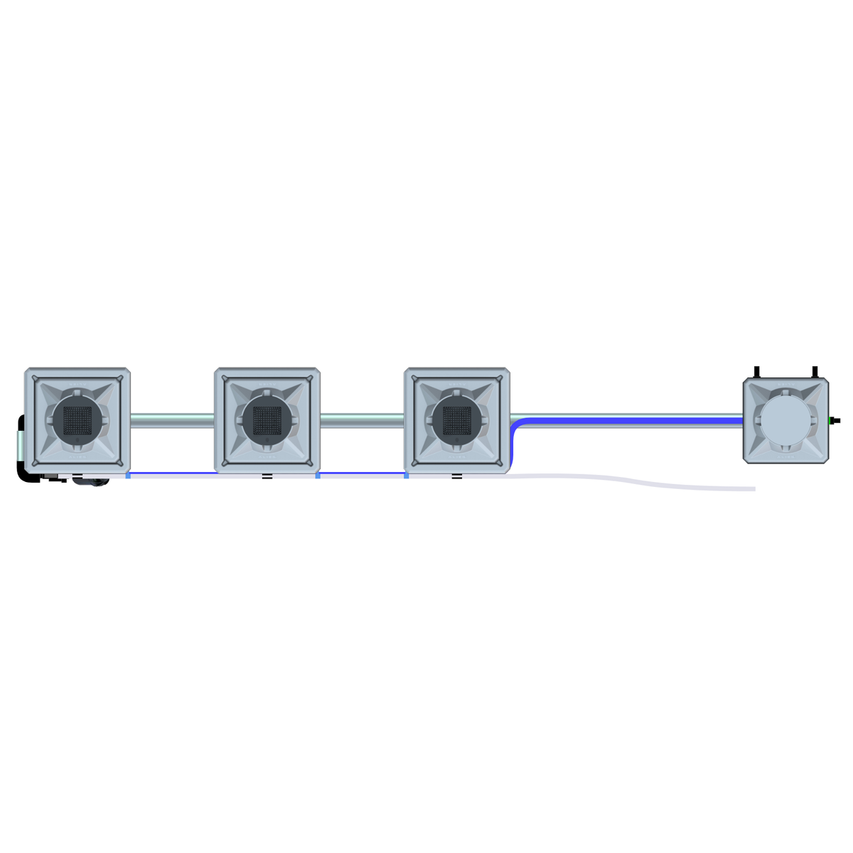 Here's an SEO-friendly description for the image:

**Alt Text:** Overhead view of an Alien Hydroponics RDWC system. Four grey square grow pots with grid centers, connected by blue pipes to a reservoir.

**Filename (Optimized):** alien-hydroponics-rdwc-4-pot-system-overhead.png