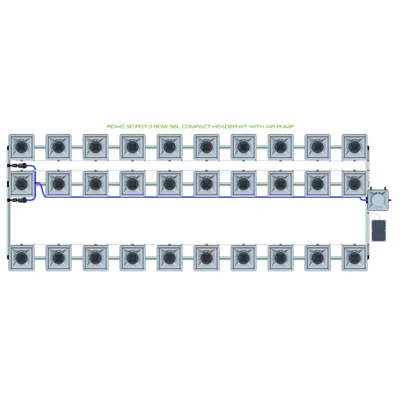 Overhead view of ROWC 30-pot, 3-row, 36L compact hydroponic header kit with air pump setup.