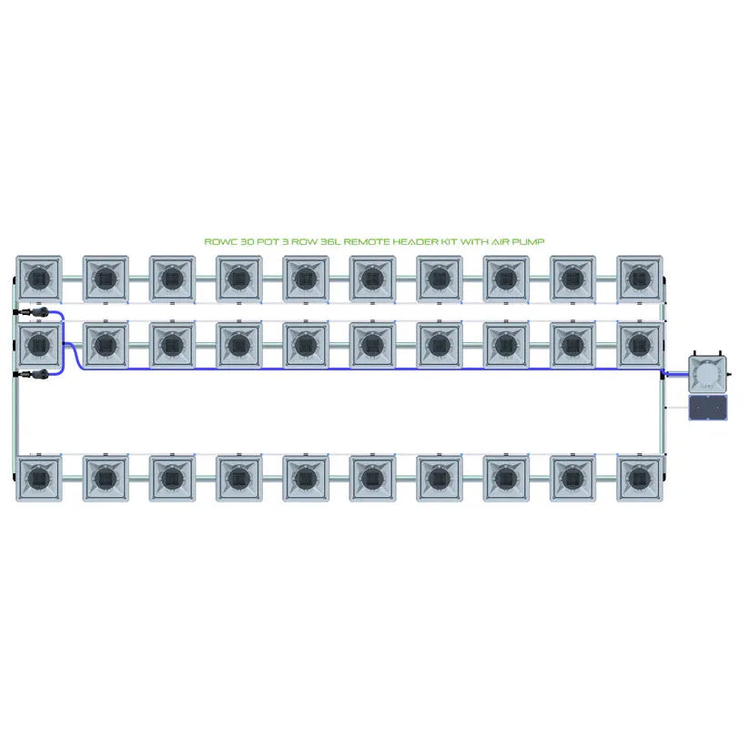 Diagram: Alien Hydroponics RDWC 30-pot, 3-row remote header kit with air pump, pots, and blue tubing.