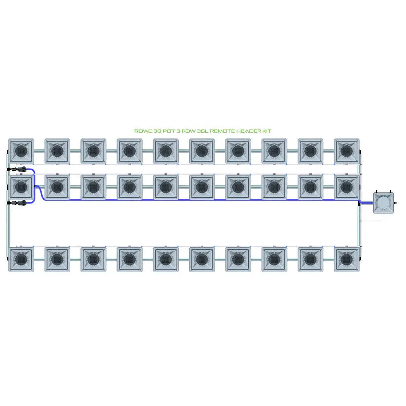 RDWC 30 Pot 3 Row 36L Remote Header Kit: 30 square hydroponic pots in 3 rows, interconnected.