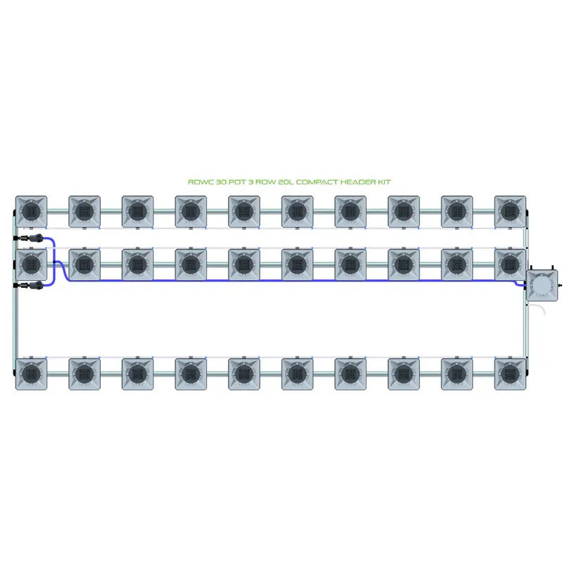 Diagram of an RDWC 30-pot, 3-row, 20L compact header kit hydroponic system with connecting tubing.